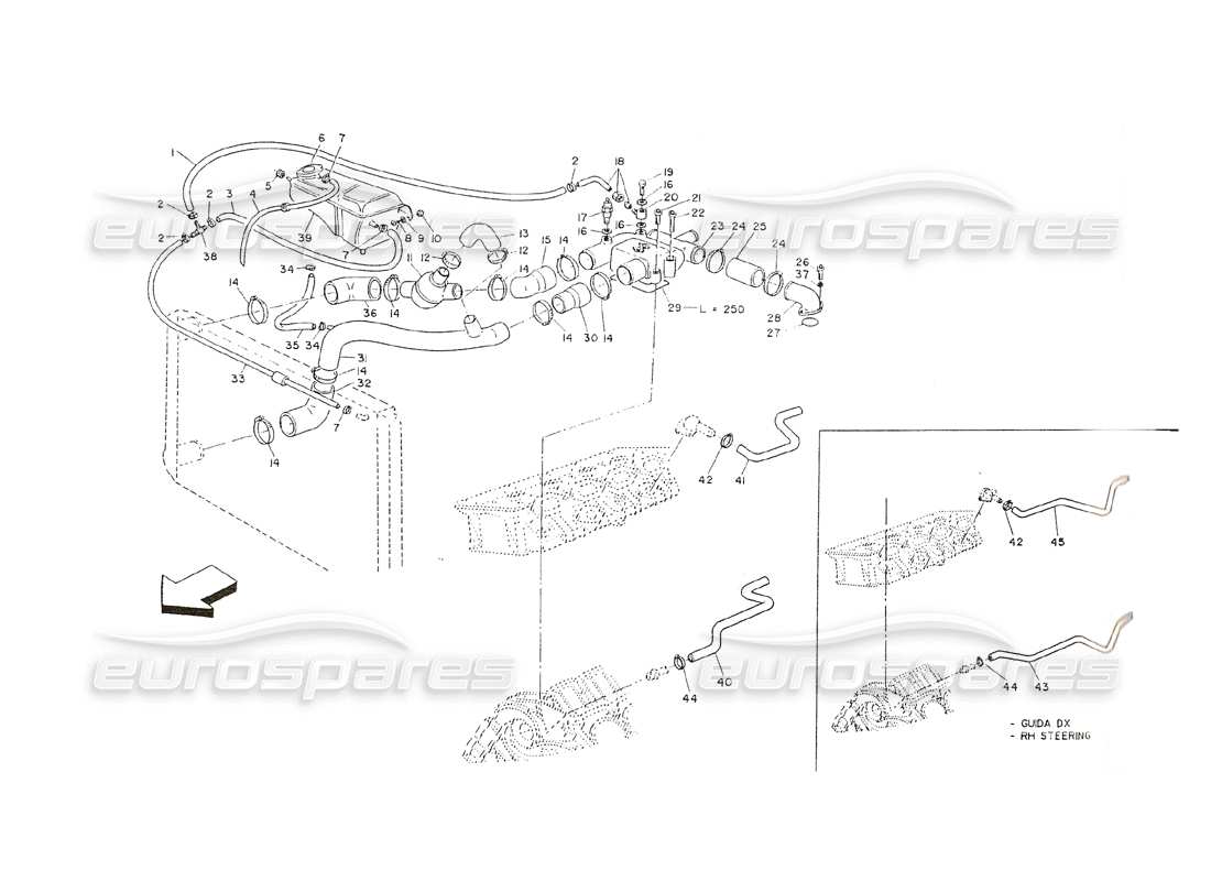 maserati shamal engine cooling - thermostat body parts diagram