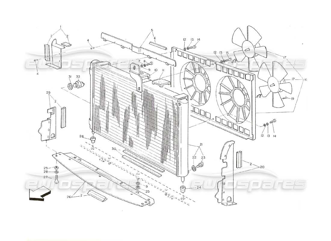 maserati shamal radiator and cooling fans parts diagram
