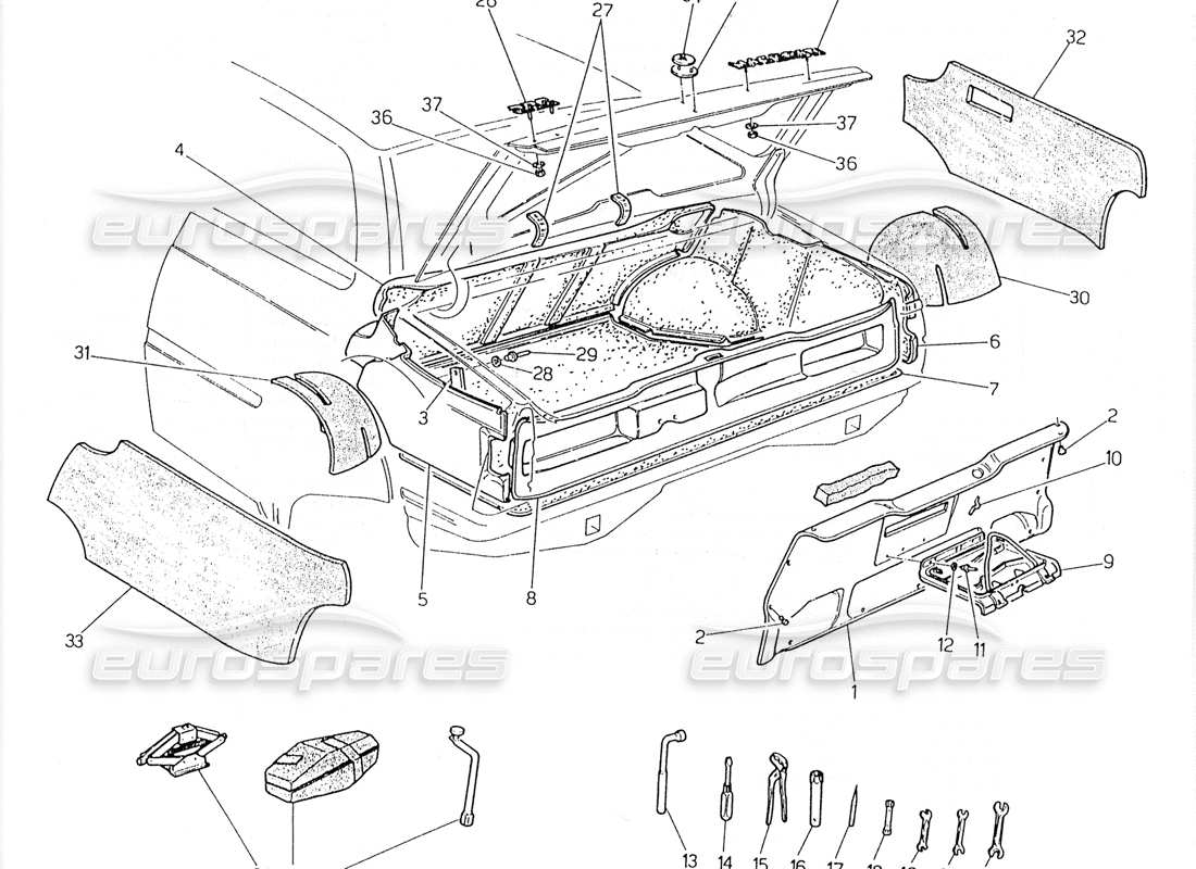 maserati 228 boot: badges, carpets and tools part diagram