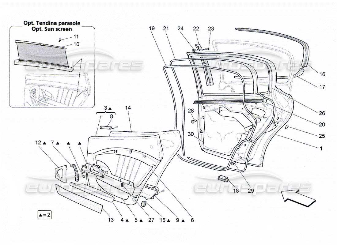 maserati qtp. (2010) 4.2 rear doors: trim panels parts diagram