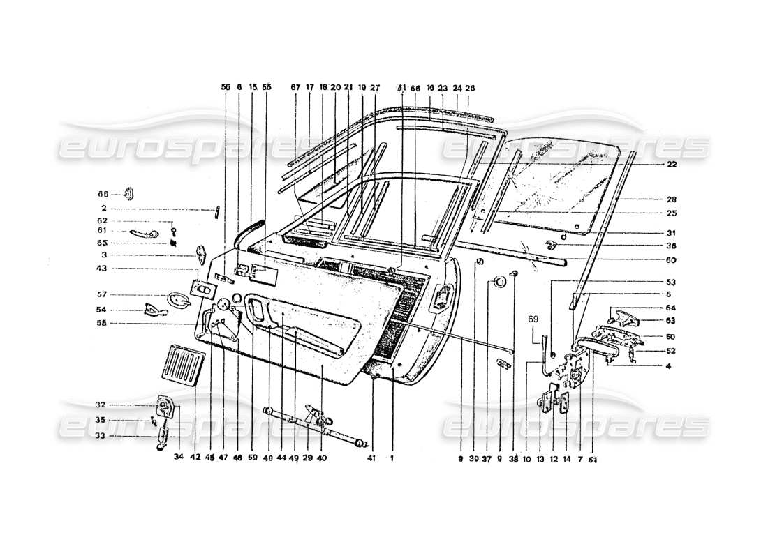 ferrari 365 gt4 2+2 coachwork doors & inner fixings parts diagram