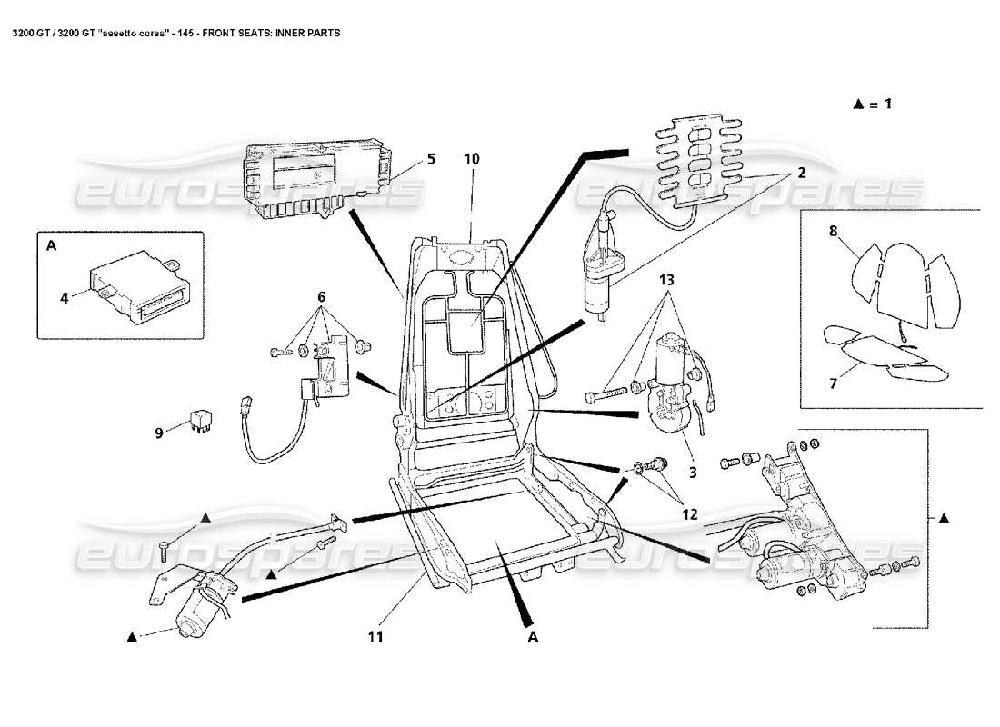 maserati 3200 gt/gta/assetto corsa front seats: inner parts part diagram