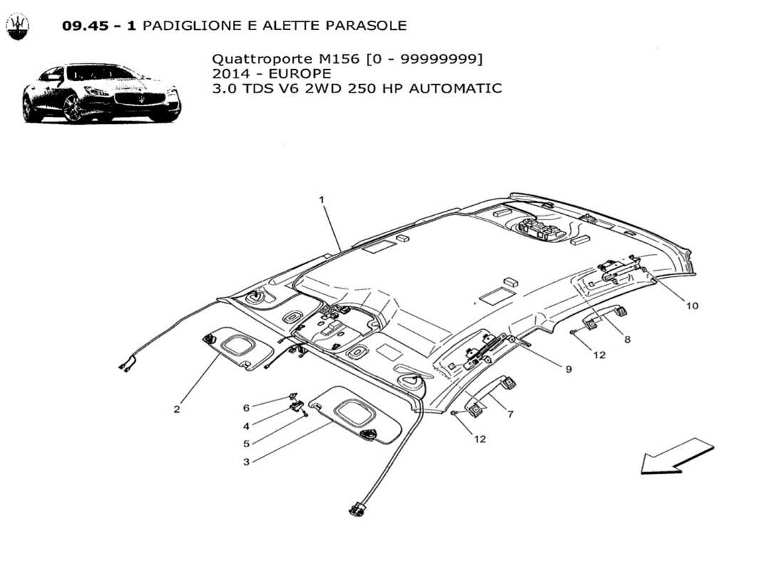 maserati qtp. v6 3.0 tds 250bhp 2014 roof and sun visors part diagram