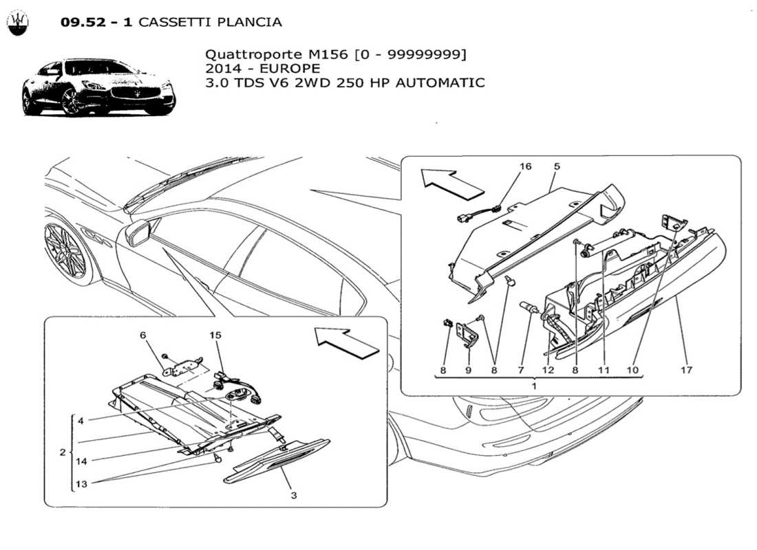 maserati qtp. v6 3.0 tds 250bhp 2014 glove compartments part diagram