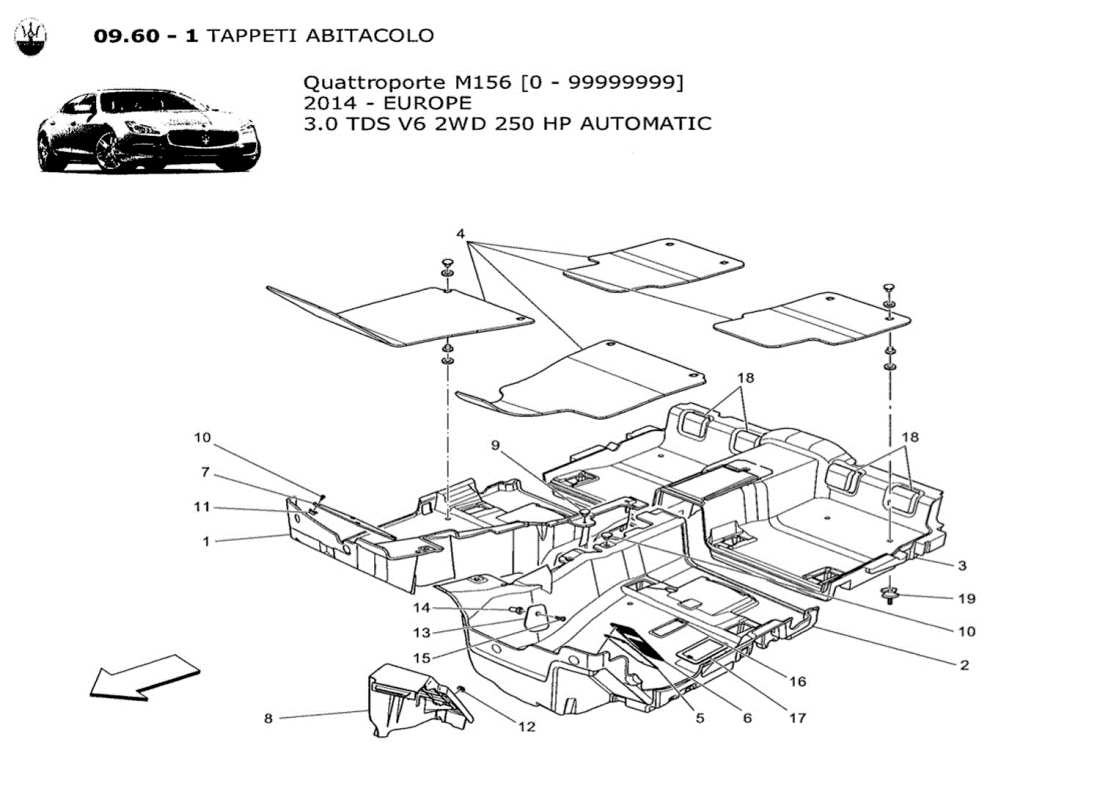 maserati qtp. v6 3.0 tds 250bhp 2014 passenger compartment mats part diagram