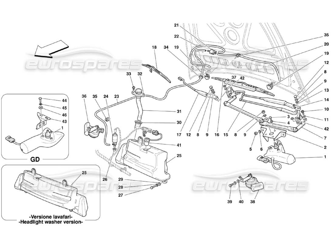 ferrari 360 challenge stradale windshield, glass washer and horns parts diagram