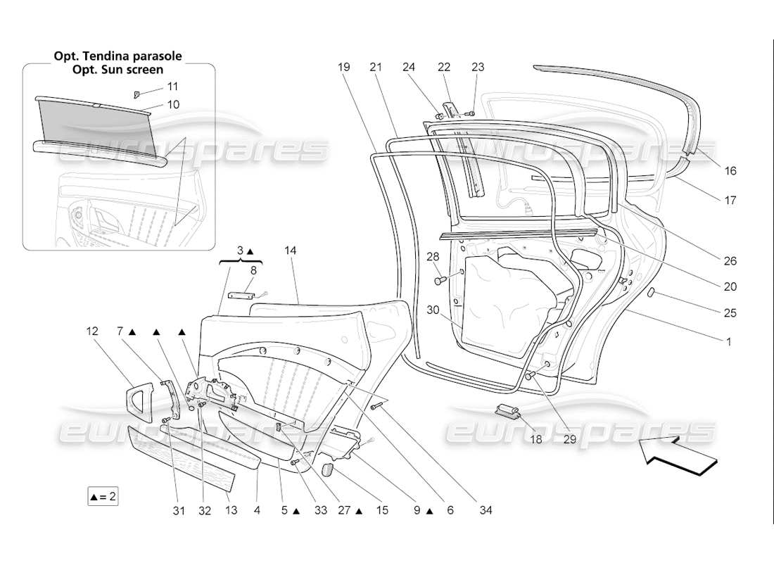 maserati qtp. (2006) 4.2 f1 rear doors: trim panels parts diagram