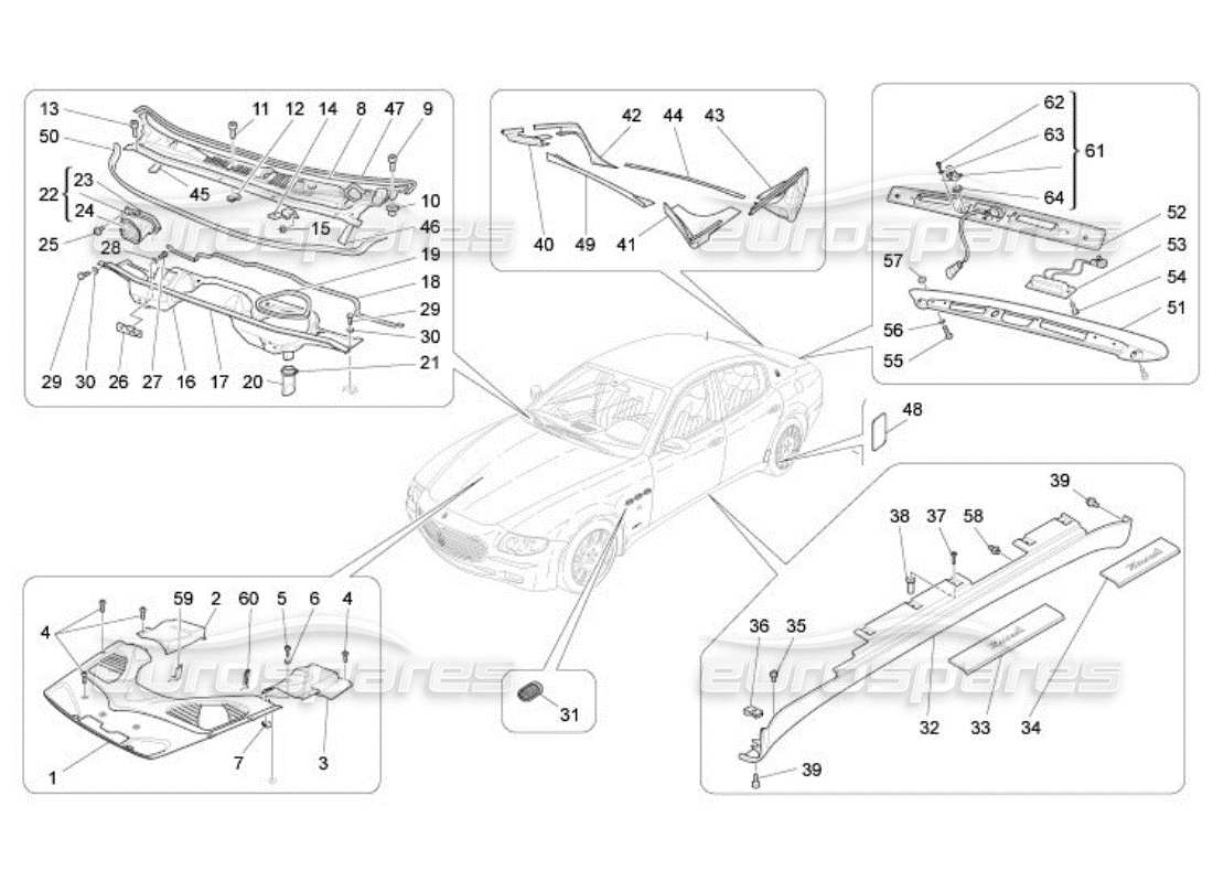 maserati qtp. (2005) 4.2 shields, trims and covering panels parts diagram