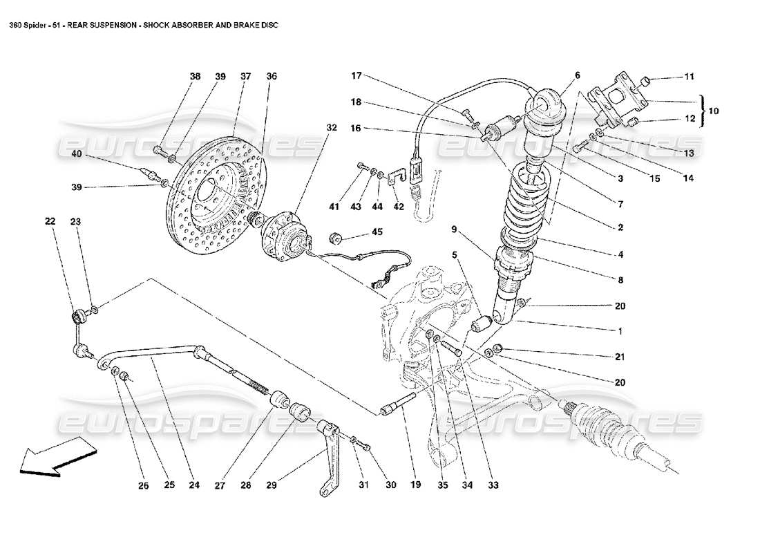 ferrari 360 spider rear suspension - shock absorber and brake disc parts diagram