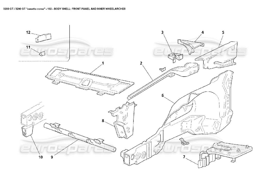 maserati 3200 gt/gta/assetto corsa body: front panel & inner wheelarches parts diagram