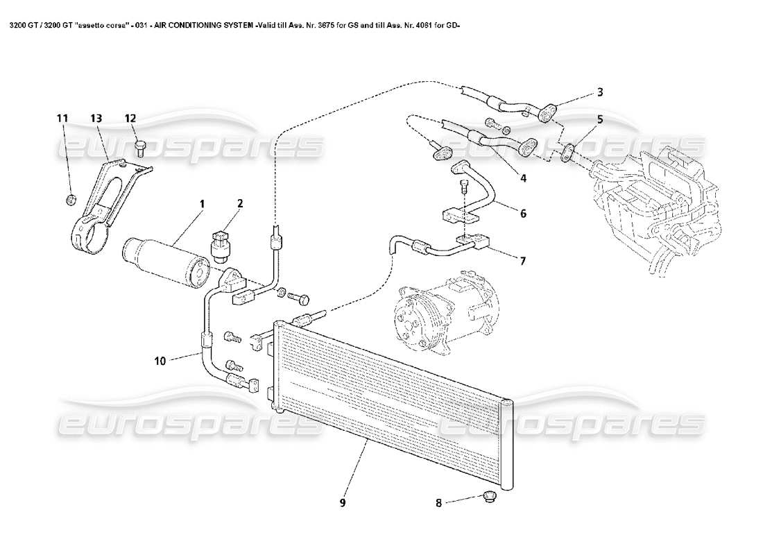 maserati 3200 gt/gta/assetto corsa air conditioning system -valid till ass. nr. 3675 for gs and till ass. nr. 4061 for gd- parts diagram