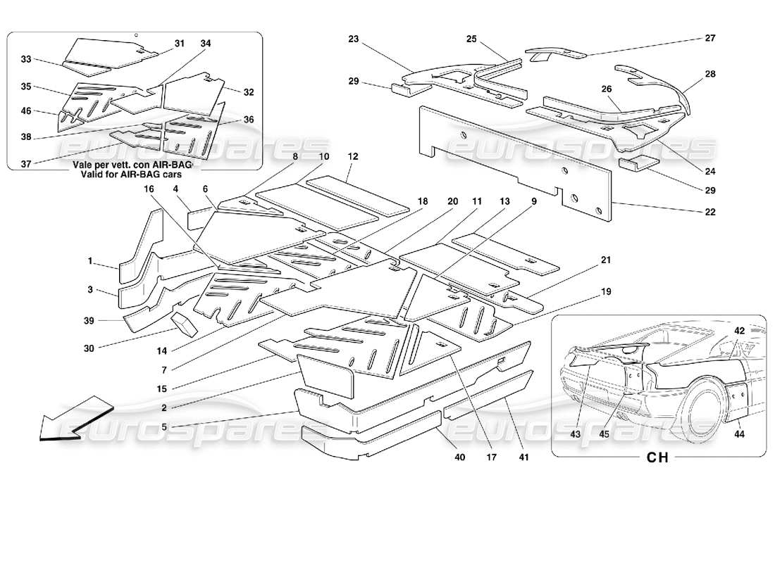 ferrari 355 (2.7 motronic) passengers compartment insulations parts diagram