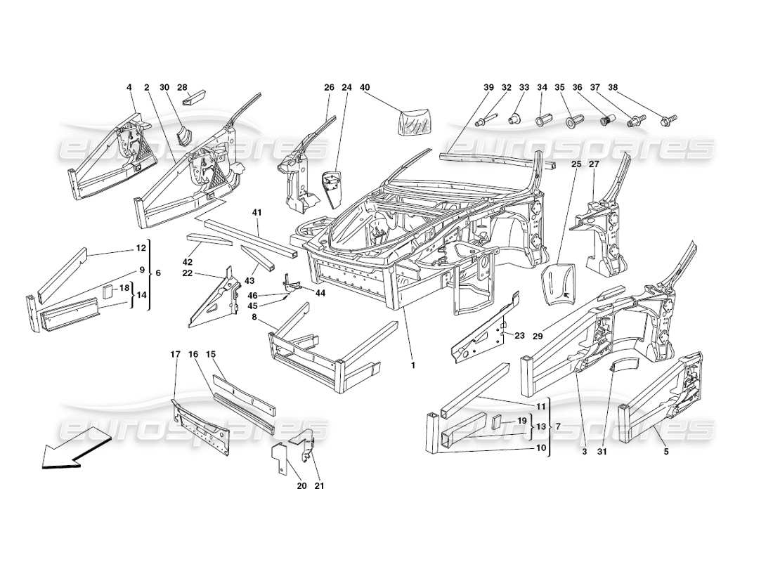 ferrari 430 challenge (2006) frame - front elements structures and plates parts diagram