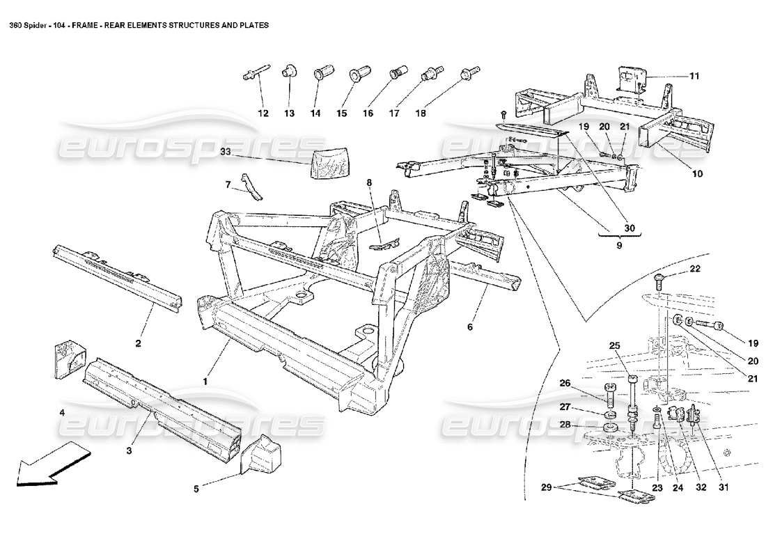 ferrari 360 spider frame - rear elements structures and plates parts diagram