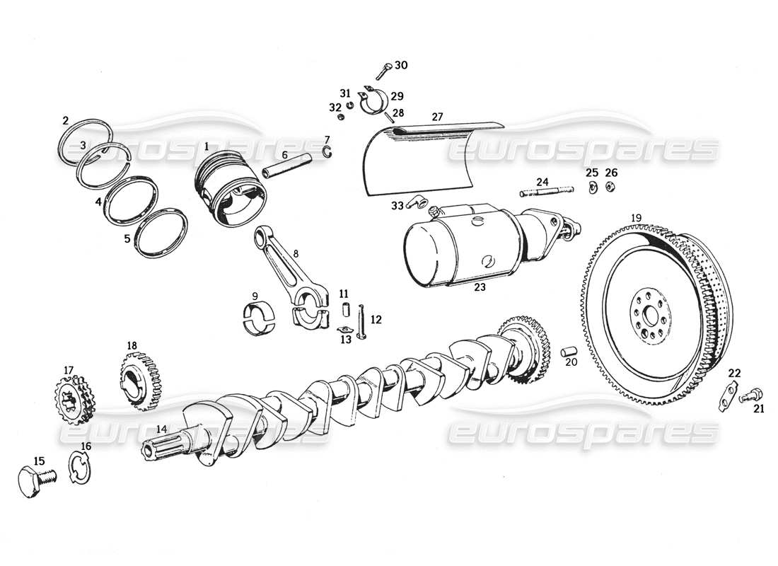 ferrari 250 gte (1957) crank mechanism, flywheel, and starter part diagram