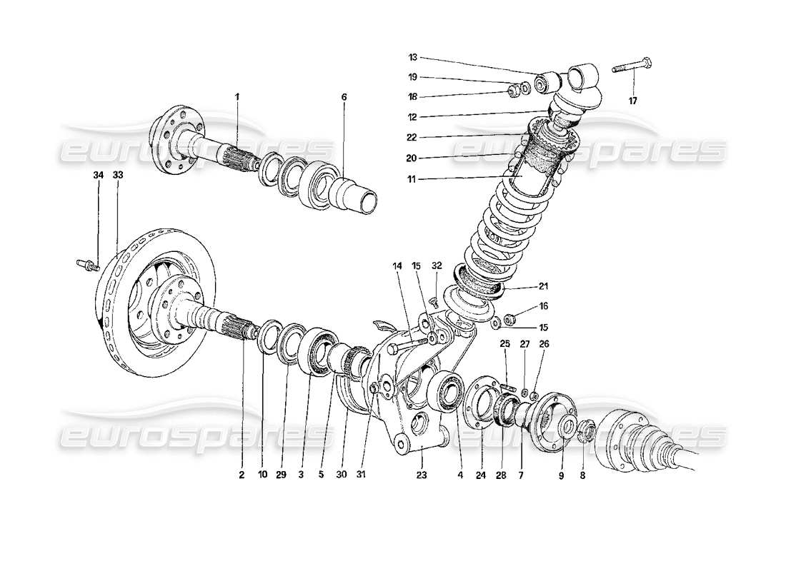 ferrari 208 turbo (1989) rear suspension - shock absorber and brake disc (starting from car no. 76626) parts diagram