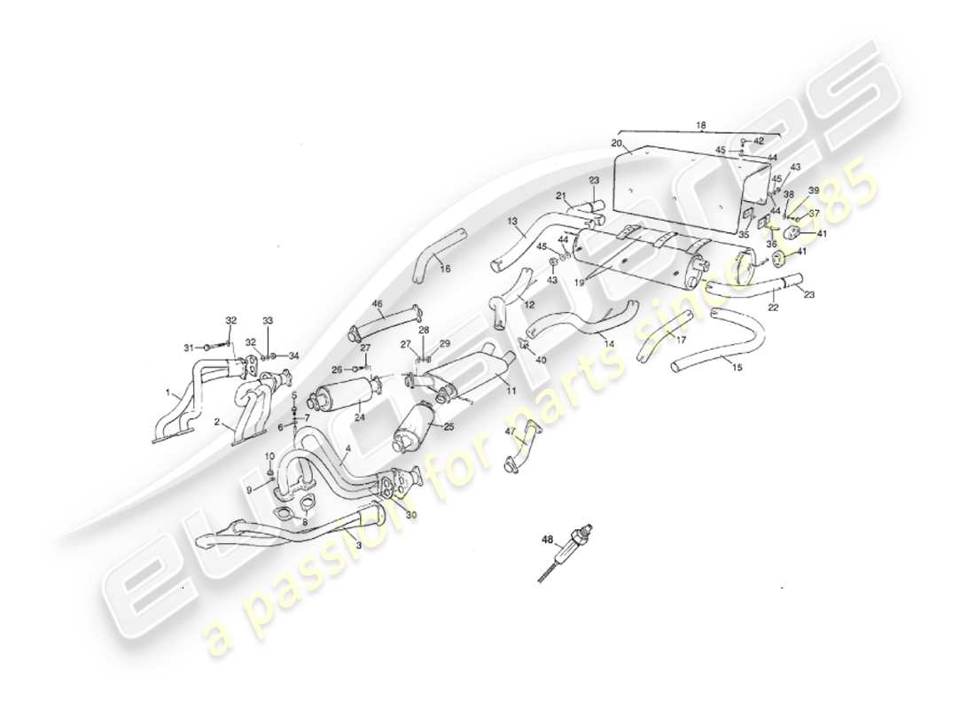aston martin v8 virage (2000) exhaust system, early cars part diagram