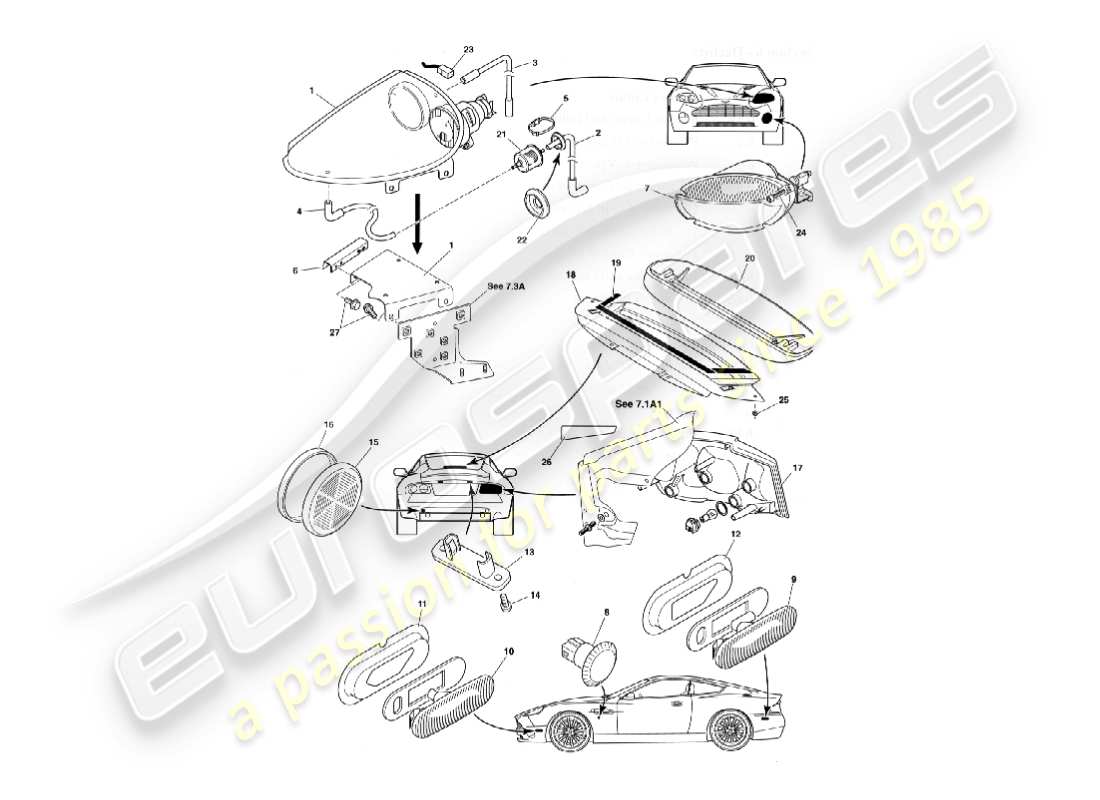 aston martin vanquish (2004) exterior lamps part diagram
