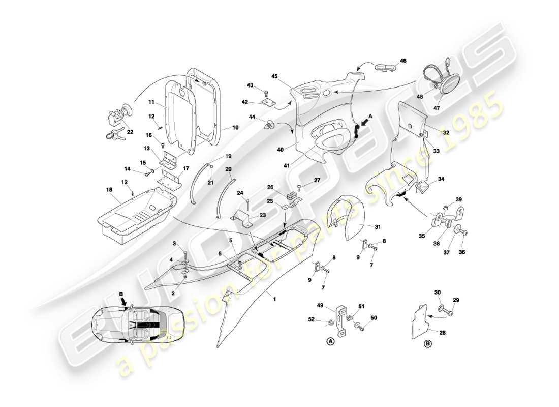 aston martin db7 vantage (2000) centre console & trim, volante part diagram