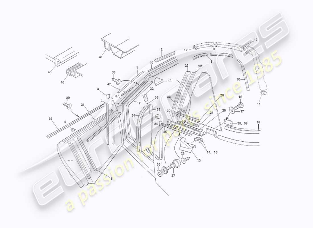 aston martin v8 virage (1999) weather seals, volante part diagram