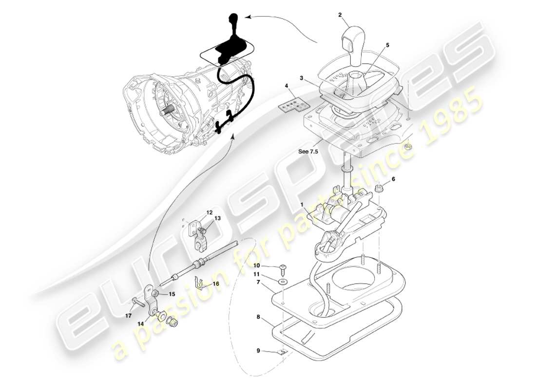 aston martin db7 vantage (2002) touchtronic transmission, gear selector assy part diagram