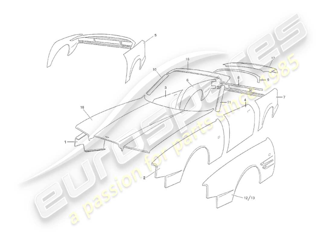 aston martin v8 virage (1999) body panels, volante part diagram