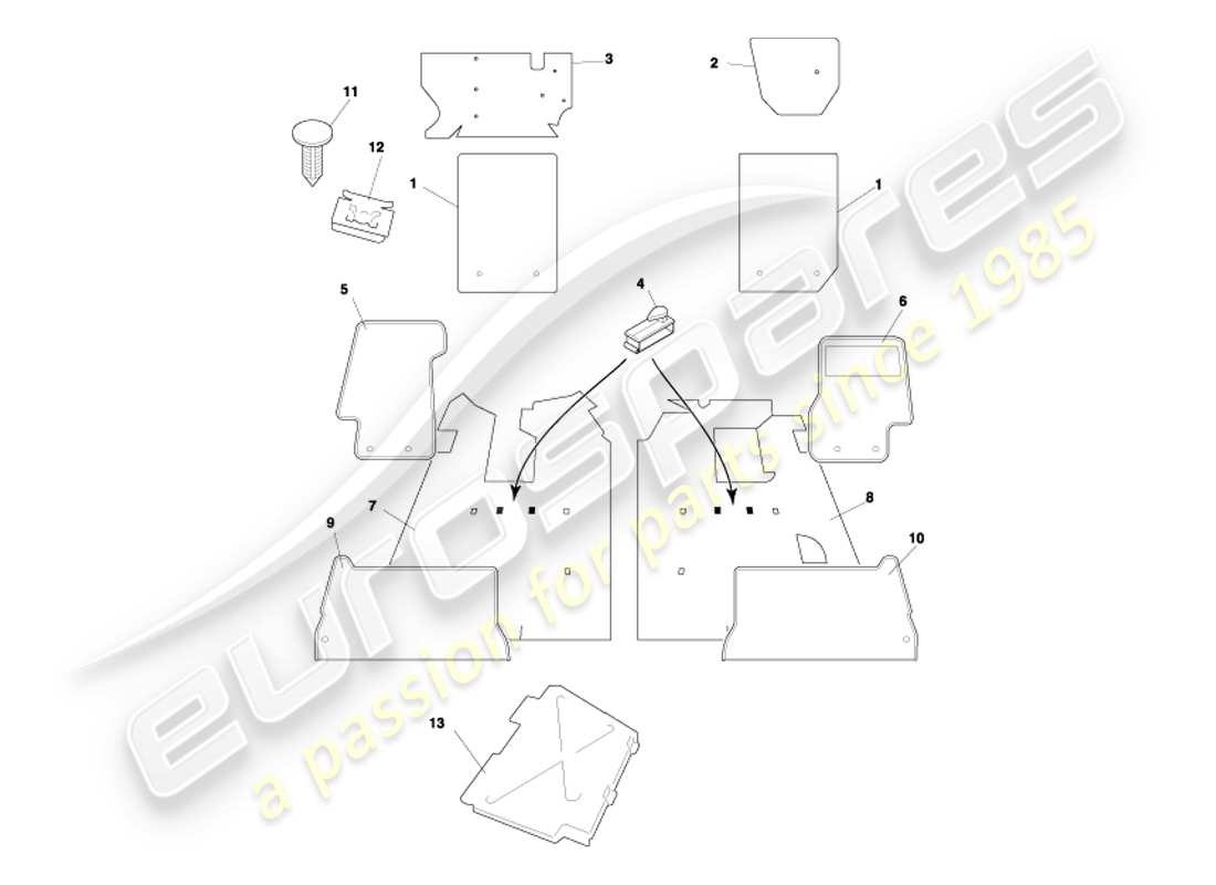aston martin db7 vantage (2002) coupe carpets part diagram
