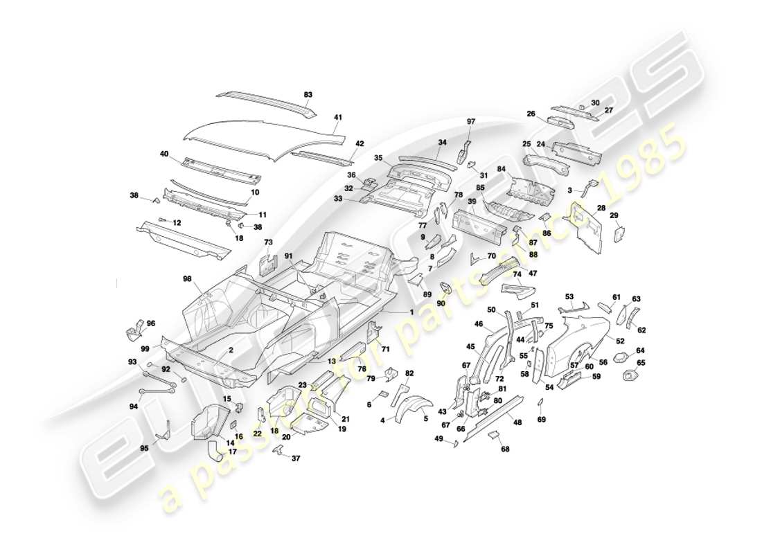 aston martin db7 vantage (1999) body panels, coupe part diagram