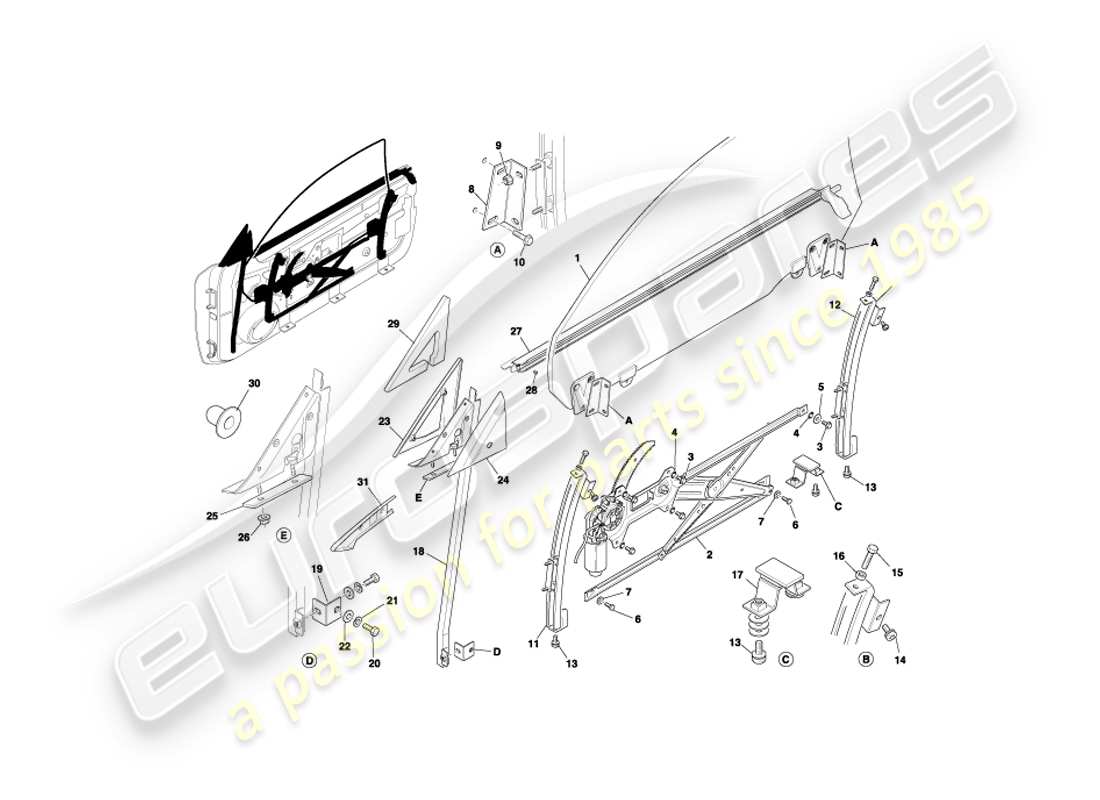 aston martin db7 vantage (2000) door glass & frames part diagram