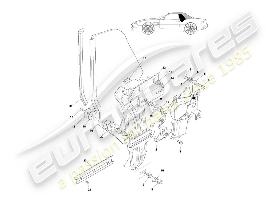 aston martin db7 vantage (2000) volante rear quarter glass & mechanism part diagram