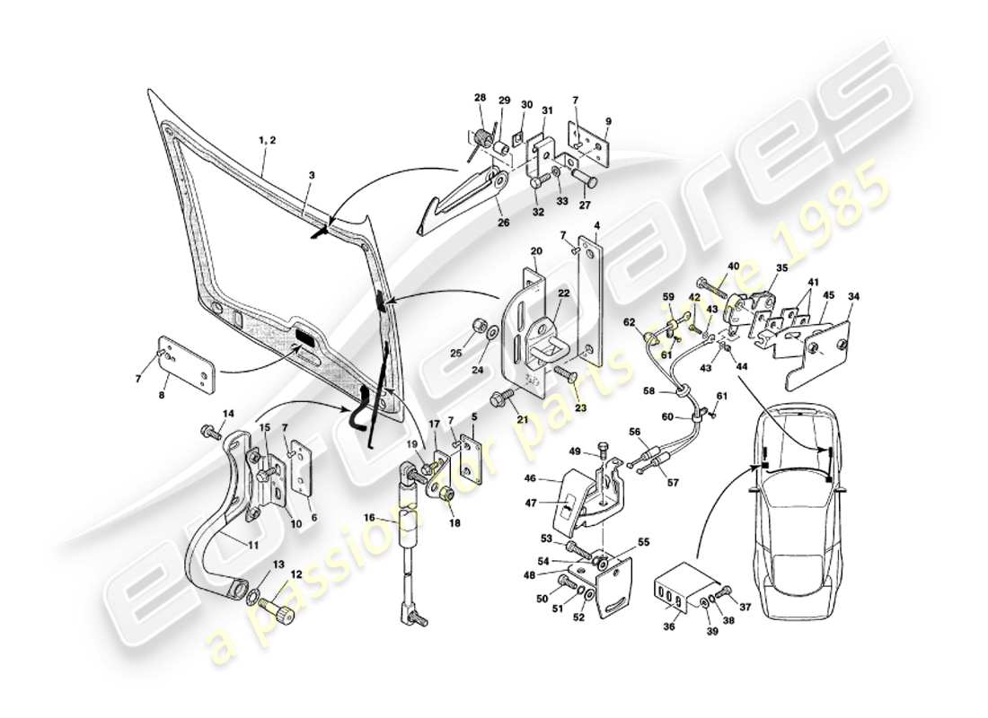 aston martin v8 coupe (1999) bonnet parts diagram