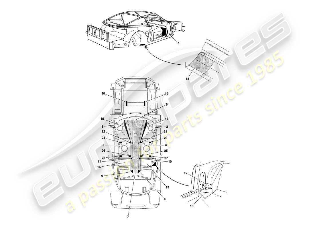 aston martin v8 coupe (2000) chassis panels part diagram