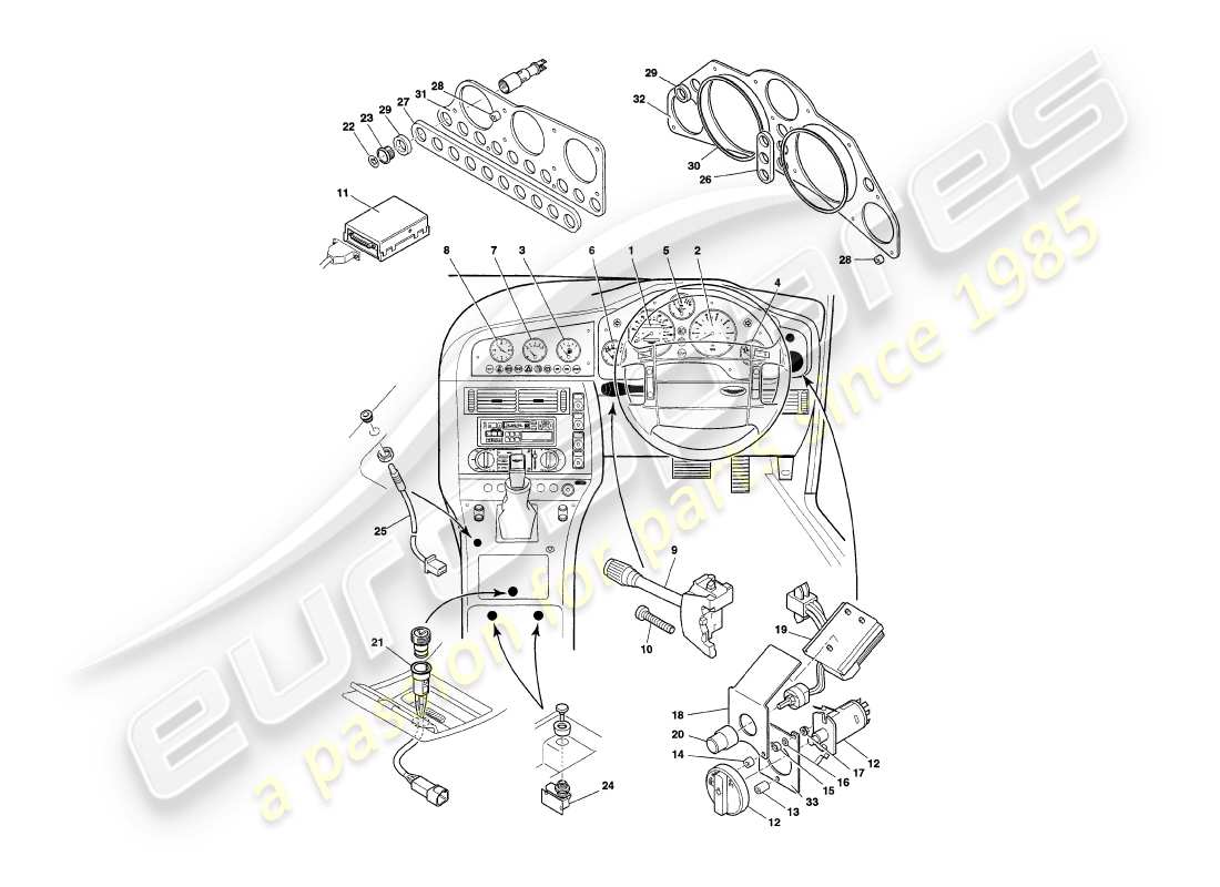 aston martin v8 coupe (1999) instruments & controls parts diagram