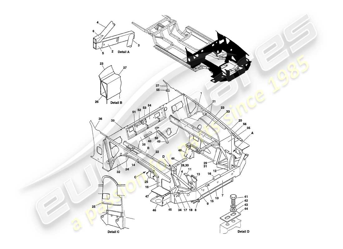 aston martin v8 volante (1998) front structure part diagram