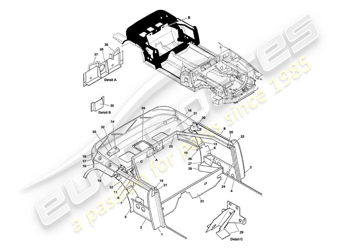 aston martin v8 volante (1998) rear structure part diagram