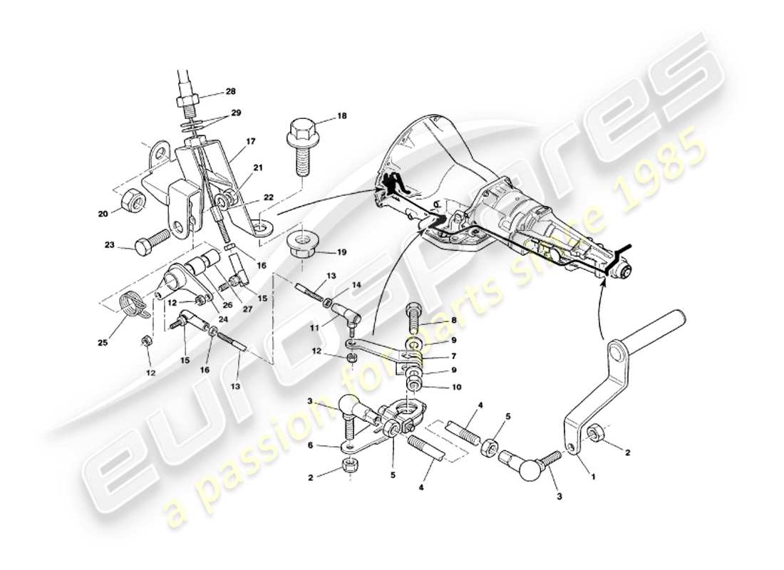 aston martin v8 volante (1998) gearbox linkage part diagram