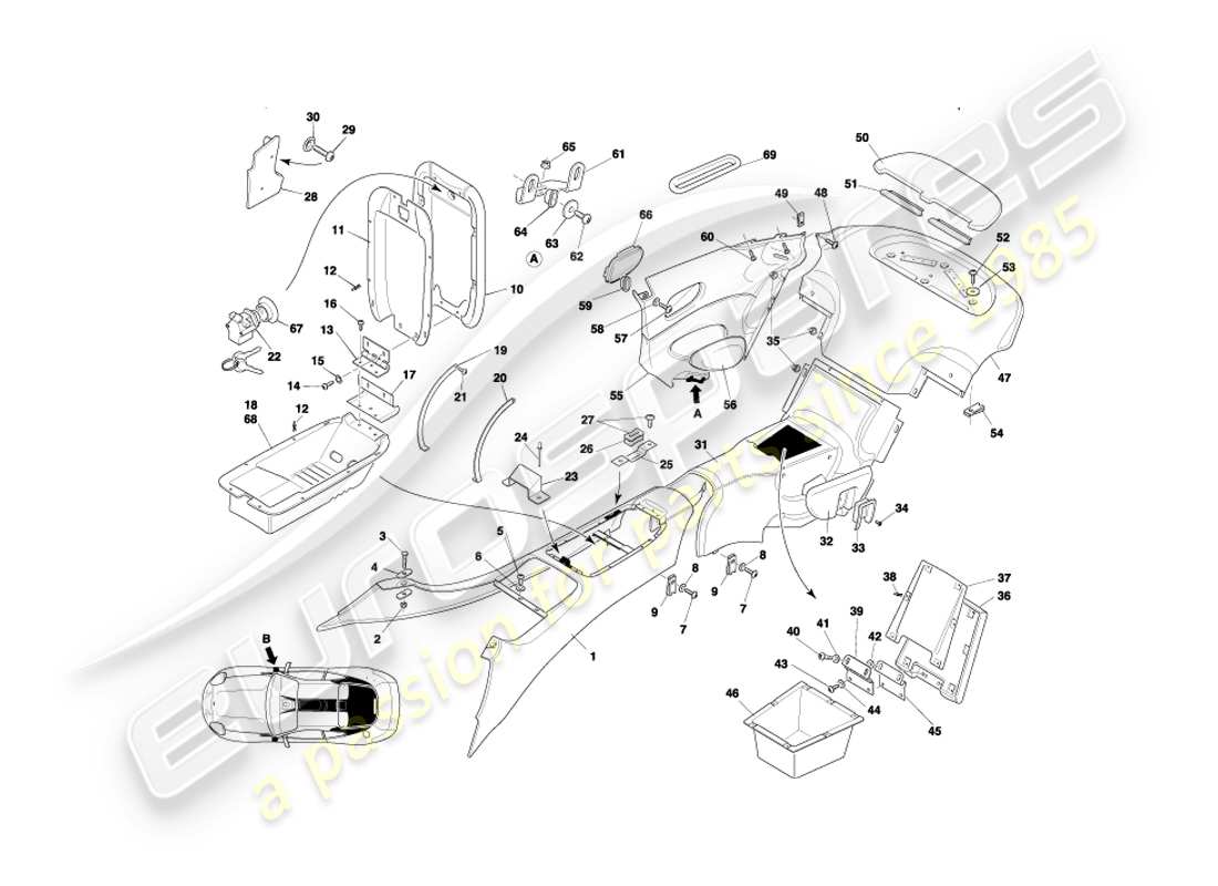 aston martin db7 vantage (1999) centre console & trim, coupe part diagram