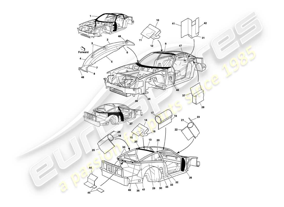 aston martin v8 coupe (1999) chassis superstructure parts diagram