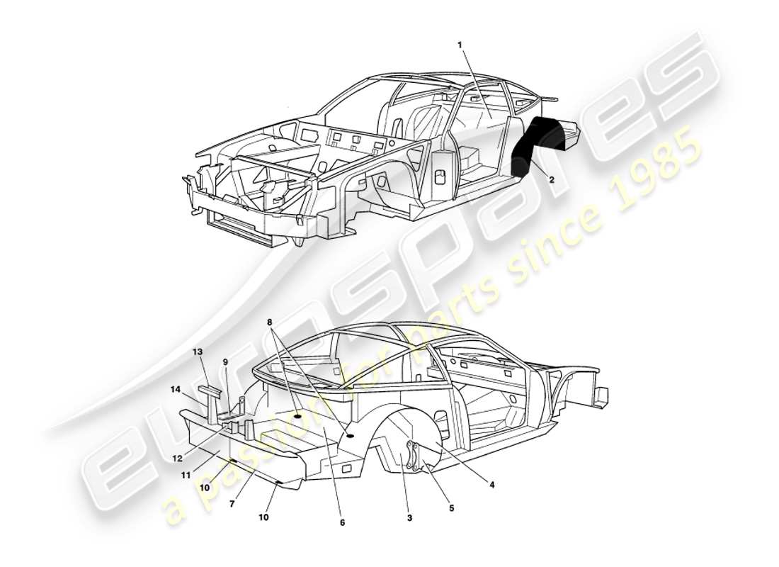 aston martin v8 coupe (1999) chassis panels part diagram