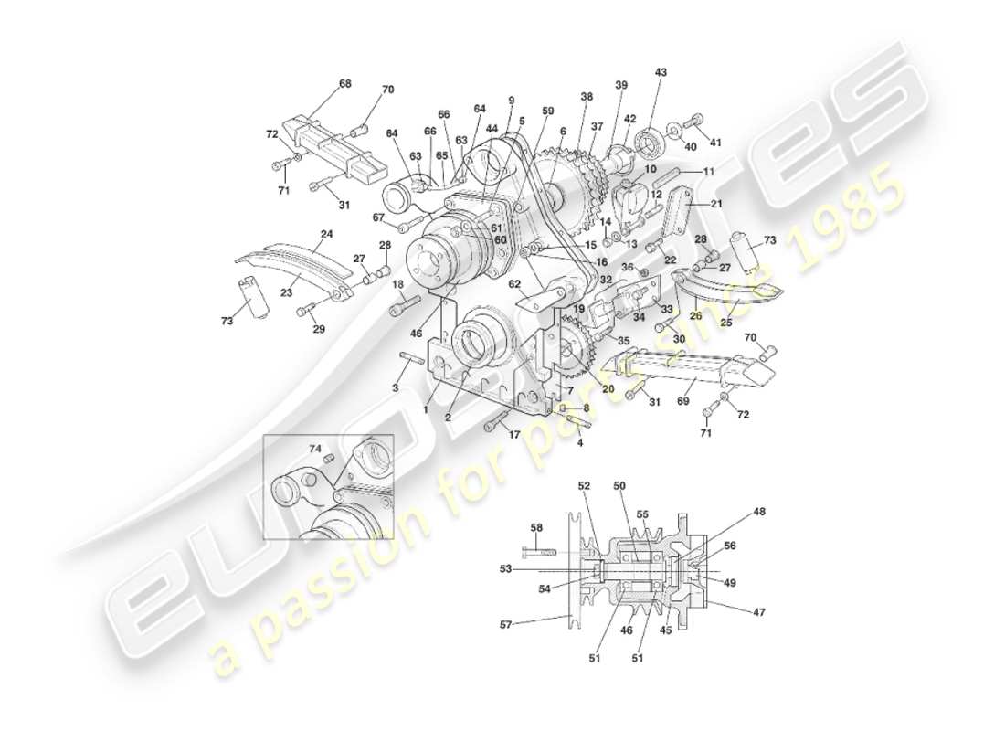 aston martin v8 virage (2000) timing case, water pump & sprockets part diagram