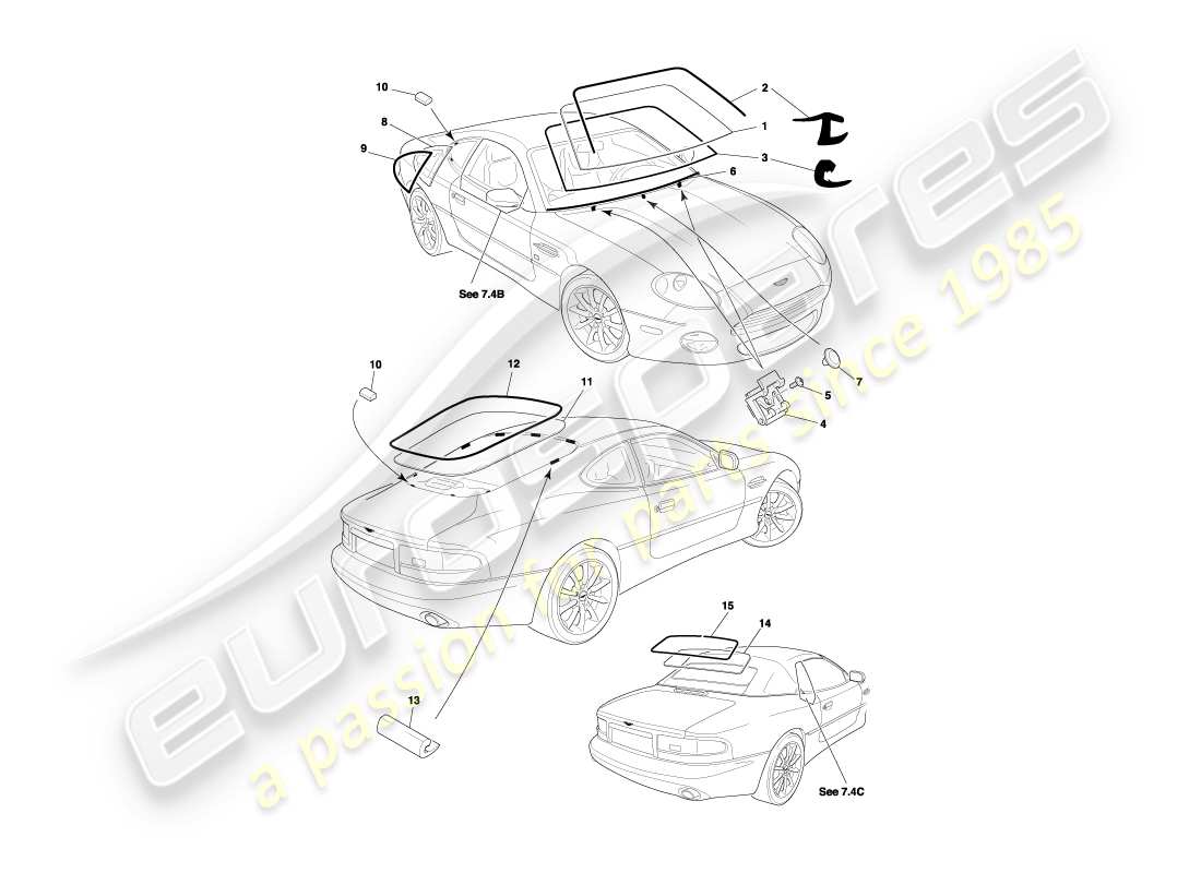 aston martin db7 vantage (1999) glass part diagram