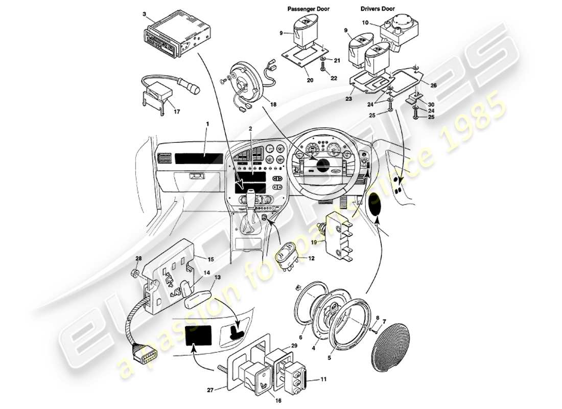 aston martin v8 volante (1998) instruments & controls part diagram