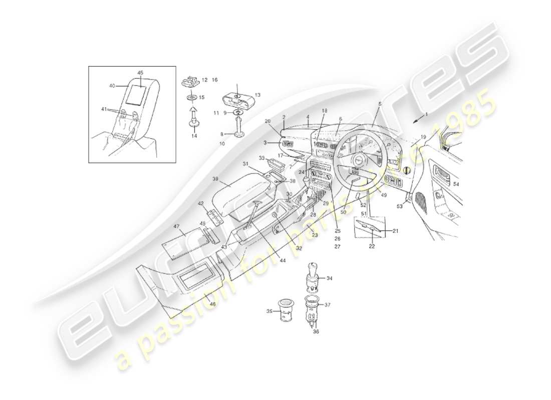 aston martin v8 virage (2000) interior fittings, fascia & centre console part diagram