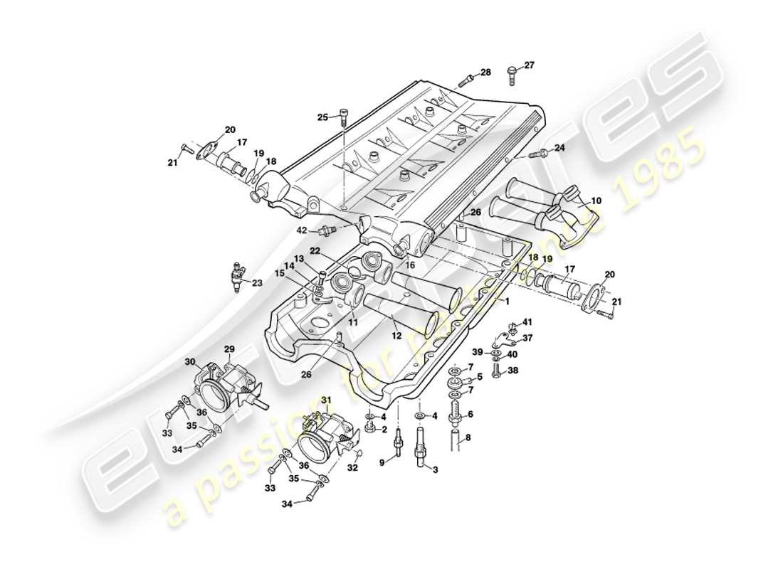 aston martin v8 coupe (1999) inlet manifolds and plenum parts diagram