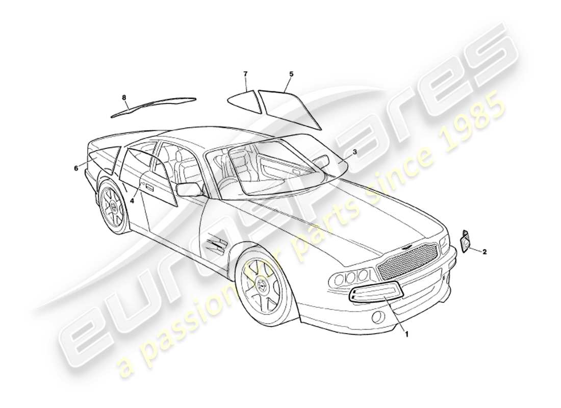 aston martin v8 coupe (1999) glass part diagram