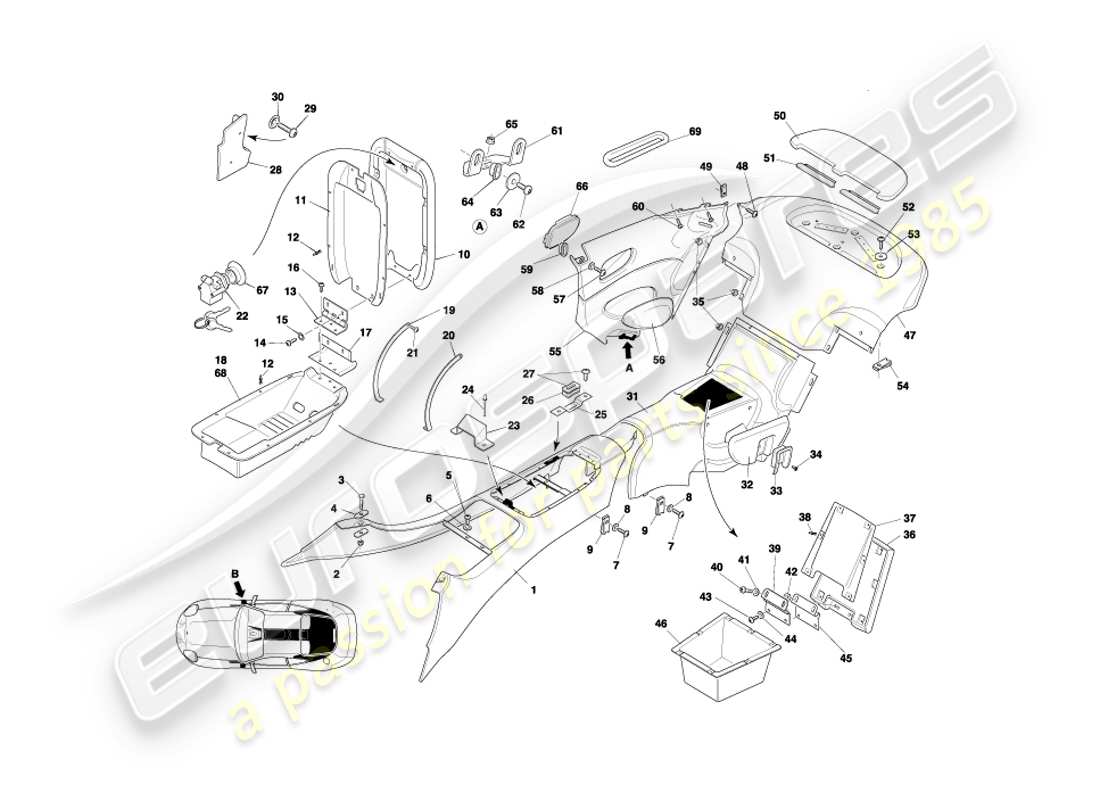 aston martin db7 vantage (2003) centre console & trim, coupe part diagram