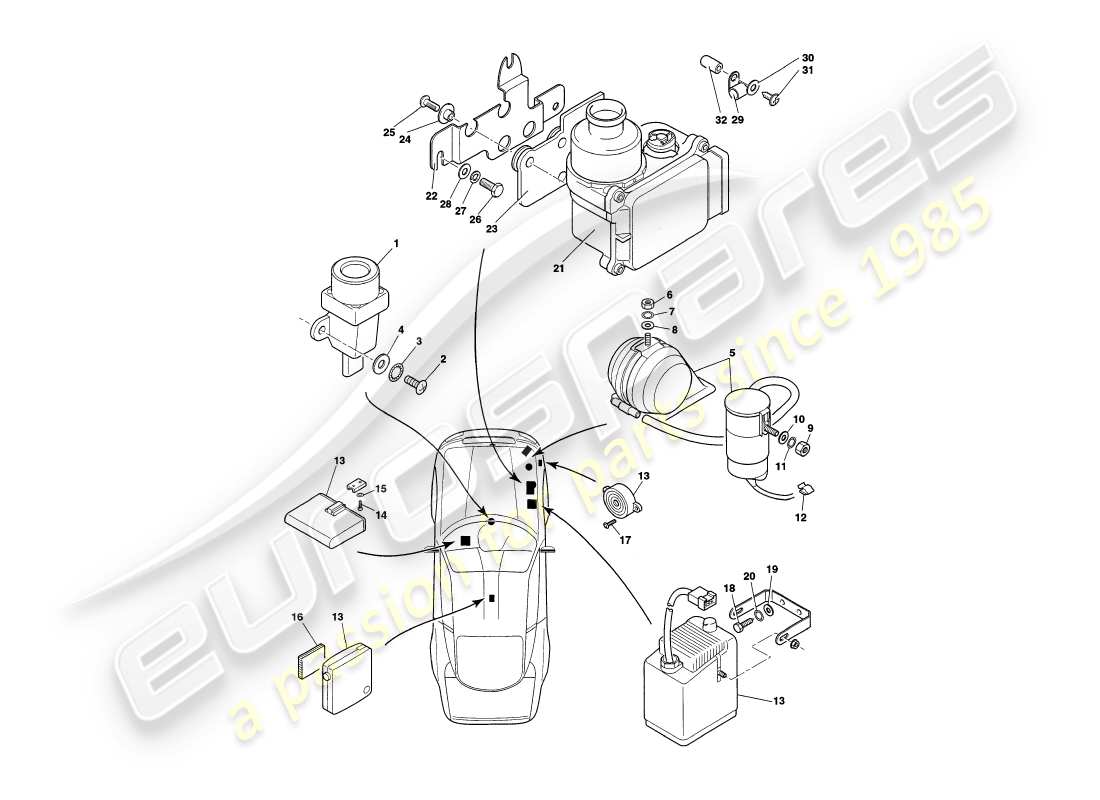 aston martin v8 coupe (1999) underbonnet components, to vin v79079 part diagram