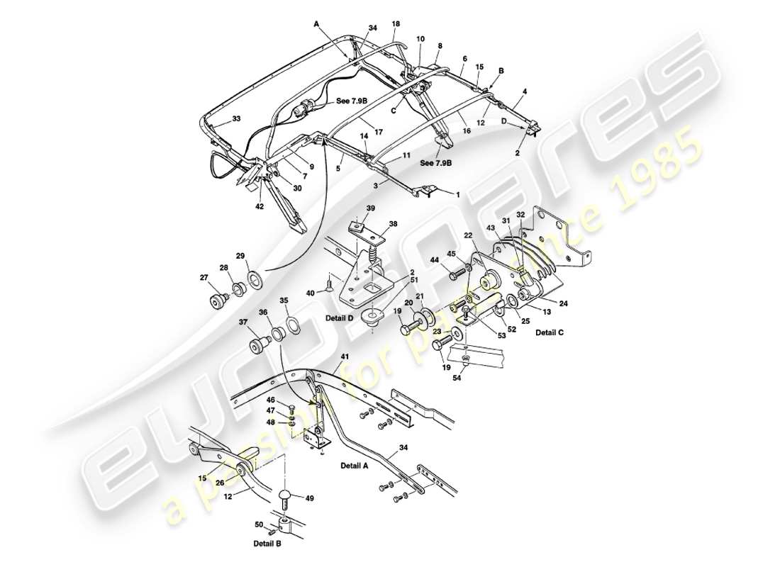 aston martin v8 volante (1997) hood frame assembly part diagram