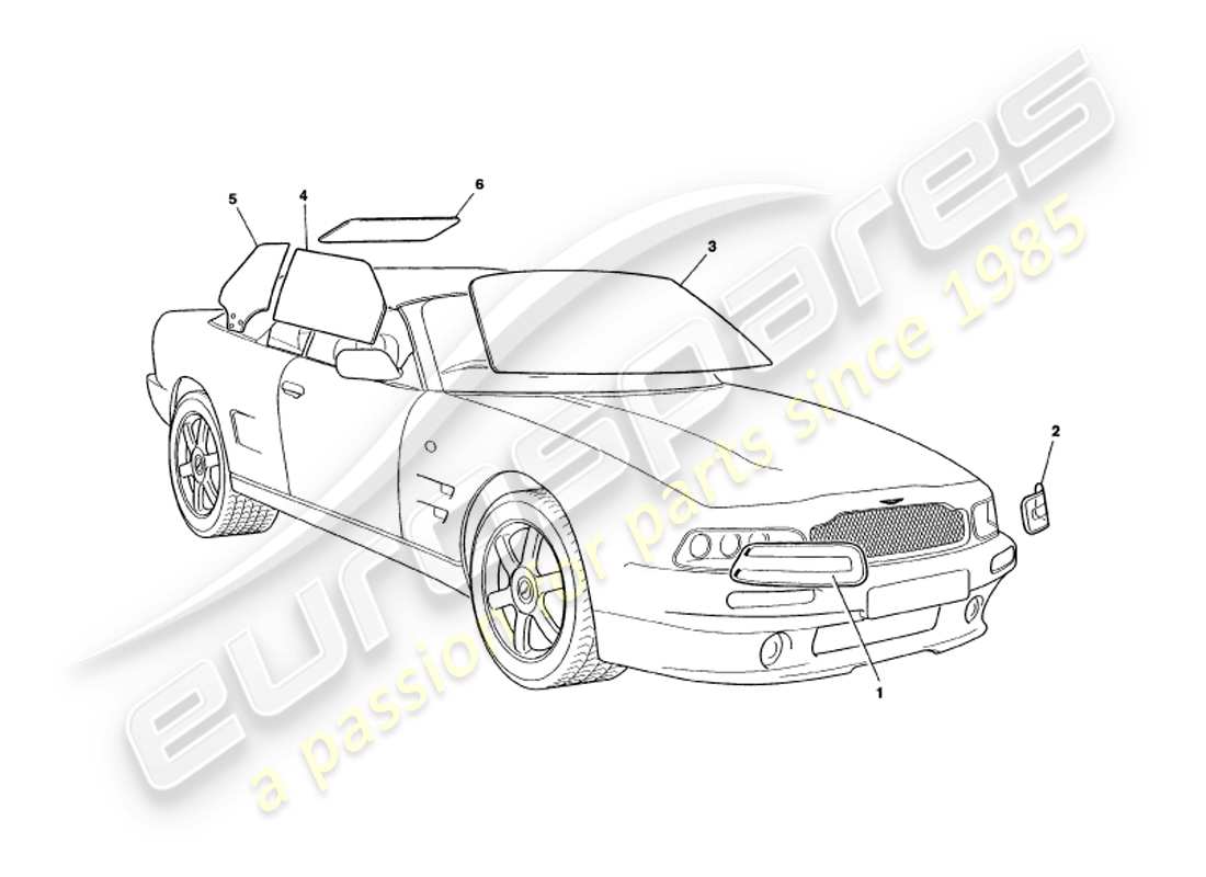 aston martin v8 volante (1999) glass part diagram