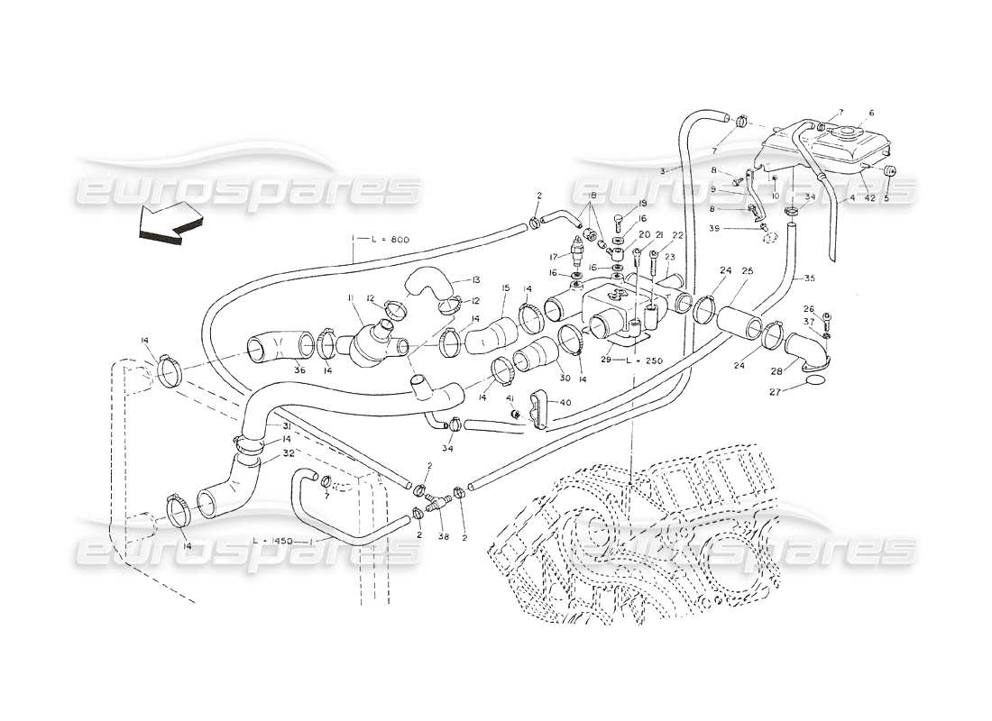 maserati shamal eng. cool. thermostat body (ch version) parts diagram